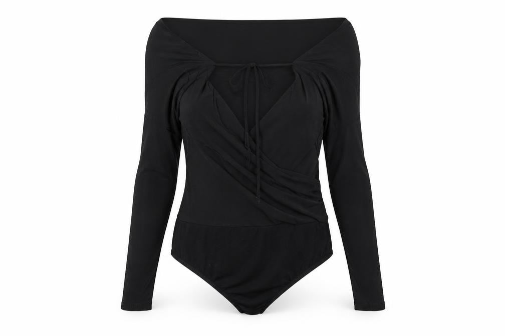 Lipsy Women’s Black Wrap Long Sleeve Off Shoulder Bodysuit Size 8