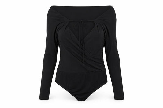 Front view of Lipsy Women’s Black Wrap Long Sleeve Off Shoulder Bodysuit, size UK 8