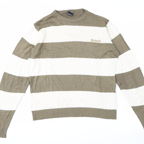 Bench Men's Beige Striped Crew Neck Cotton Acrylic Jumper Size M