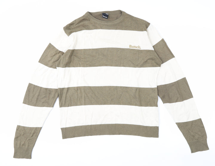 Bench Men's Beige Striped Crew Neck Cotton Acrylic Jumper Size M