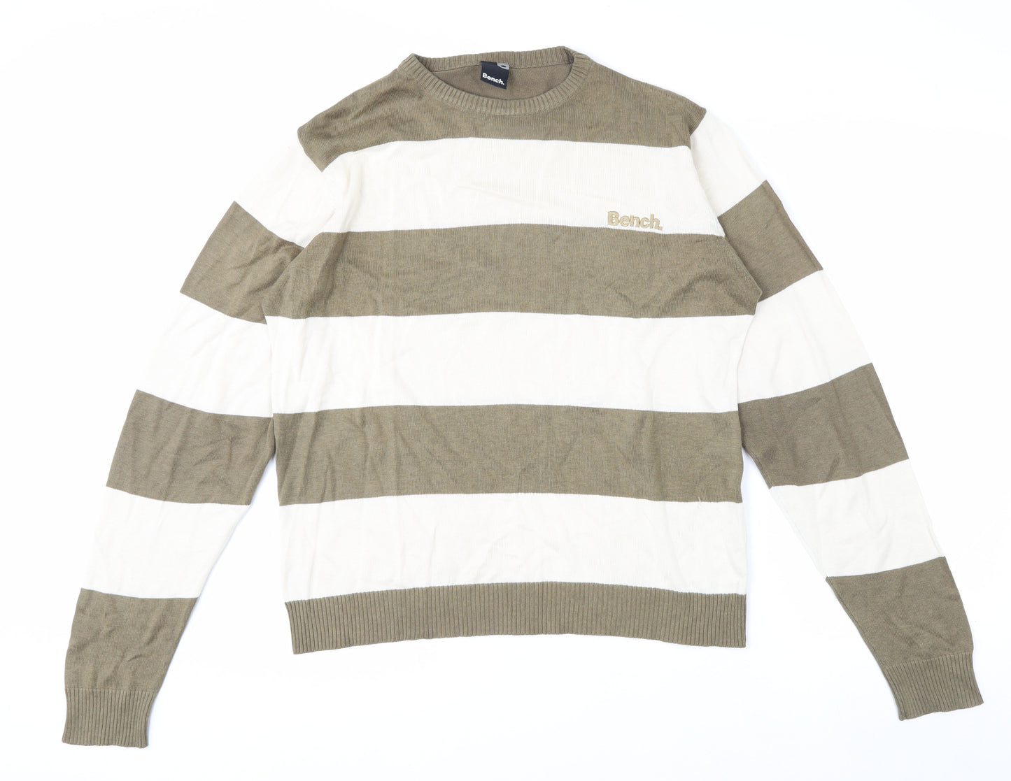 Bench Men's Beige Striped Crew Neck Cotton Acrylic Jumper Size M