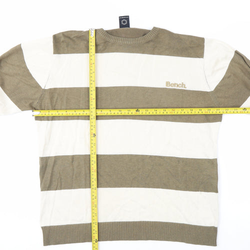 Bench Men's Beige Striped Crew Neck Cotton Acrylic Jumper Size M