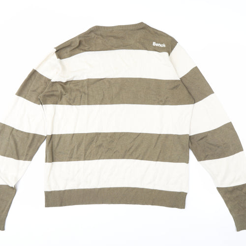 Bench Men's Beige Striped Crew Neck Cotton Acrylic Jumper Size M