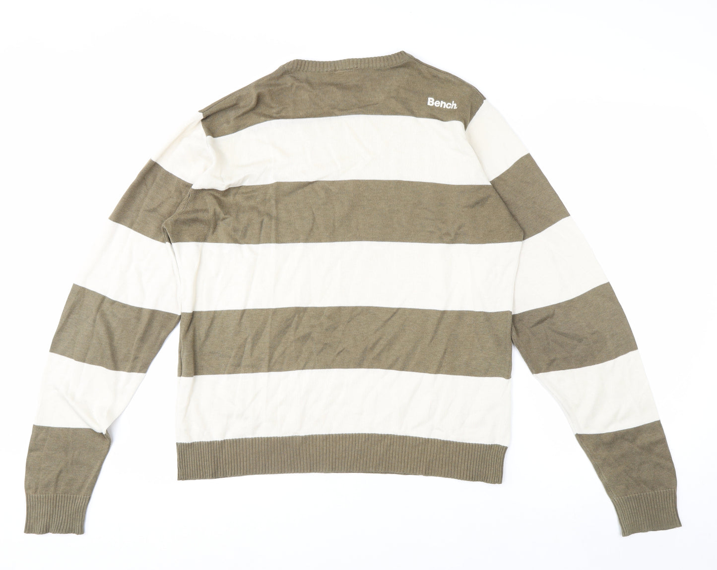 Bench Men's Beige Striped Crew Neck Cotton Acrylic Jumper Size M