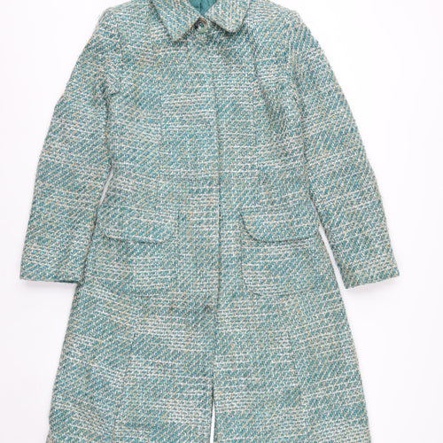 Next Women's Green Tweed Long Overcoat Size 10 Buttoned Wool Blend
