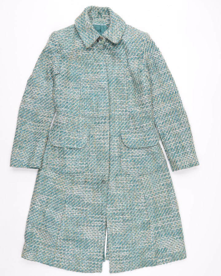 Next Women's Green Tweed Long Overcoat Size 10 Buttoned Wool Blend