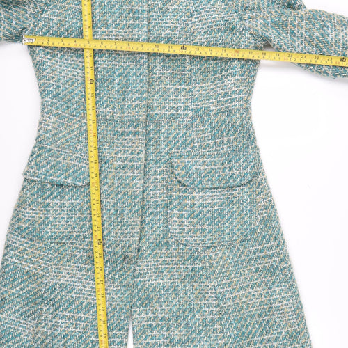 Next Women's Green Tweed Long Overcoat Size 10 Buttoned Wool Blend