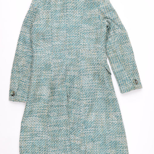 Next Women's Green Tweed Long Overcoat Size 10 Buttoned Wool Blend