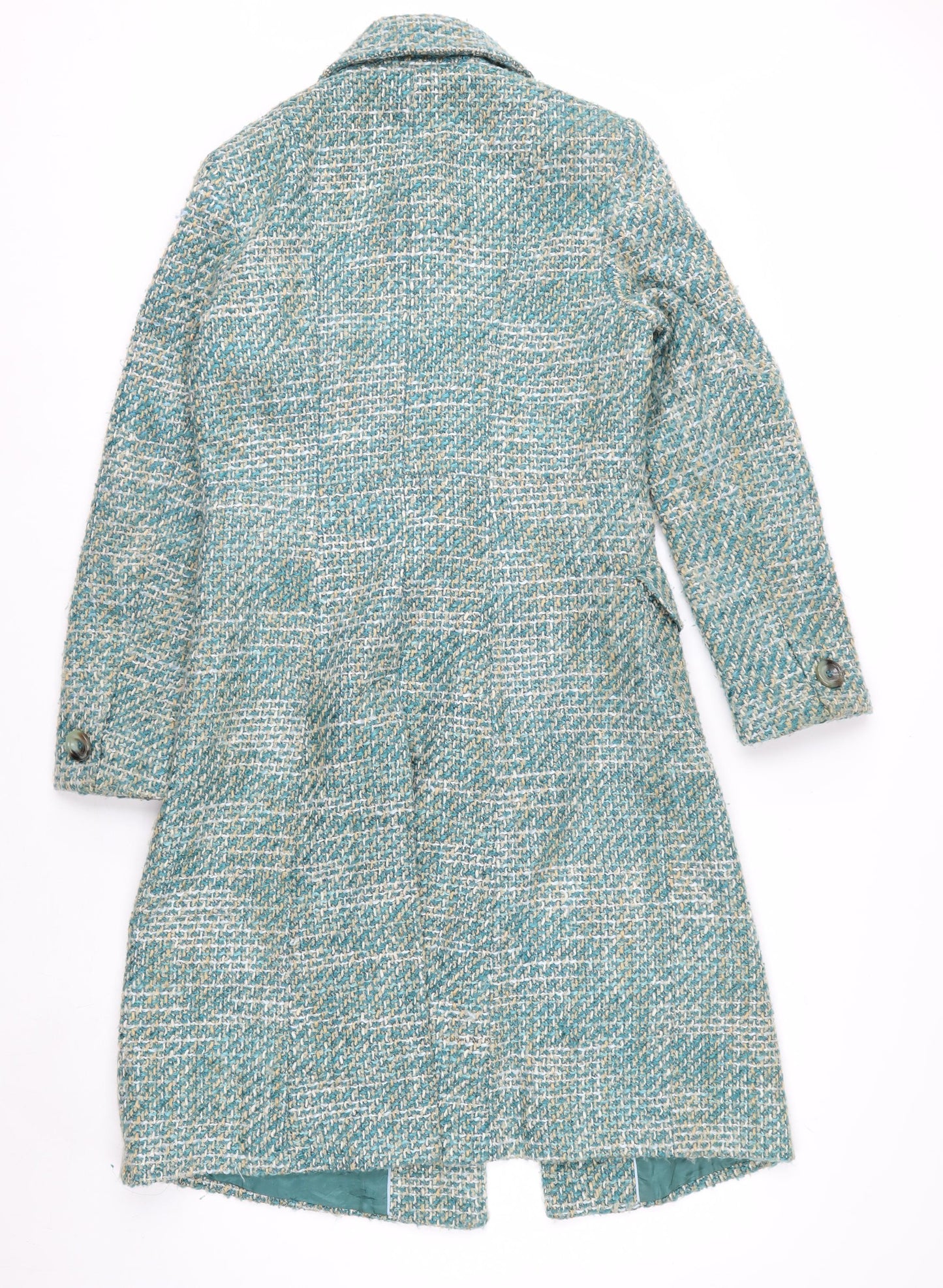 Next Women's Green Tweed Long Overcoat Size 10 Buttoned Wool Blend