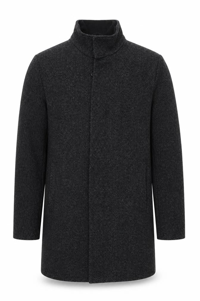 Front view of Next Men’s Grey Wool Blend Herringbone Mid-Length Overcoat L