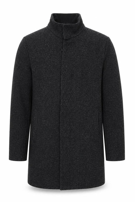 Front view of Next Men’s Grey Wool Blend Herringbone Mid-Length Overcoat L