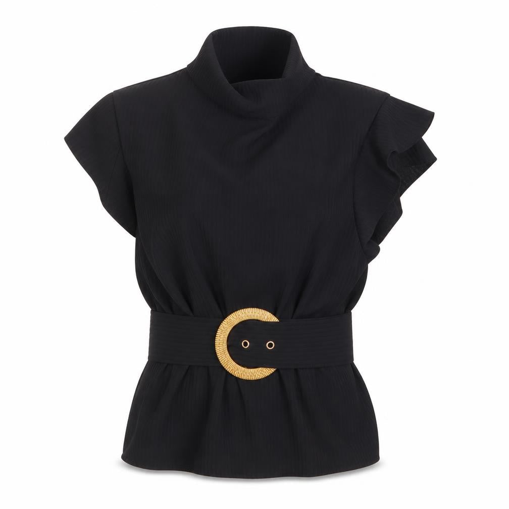 Front view of PRETTYLITTLETHING Women's Black Belted High Neck Blouse, size 6