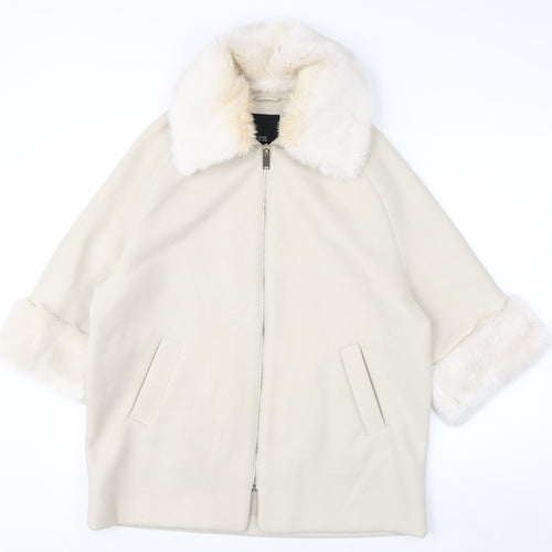 River Island Women Ivory Faux Fur Trim Mid-Length Coat Size 8