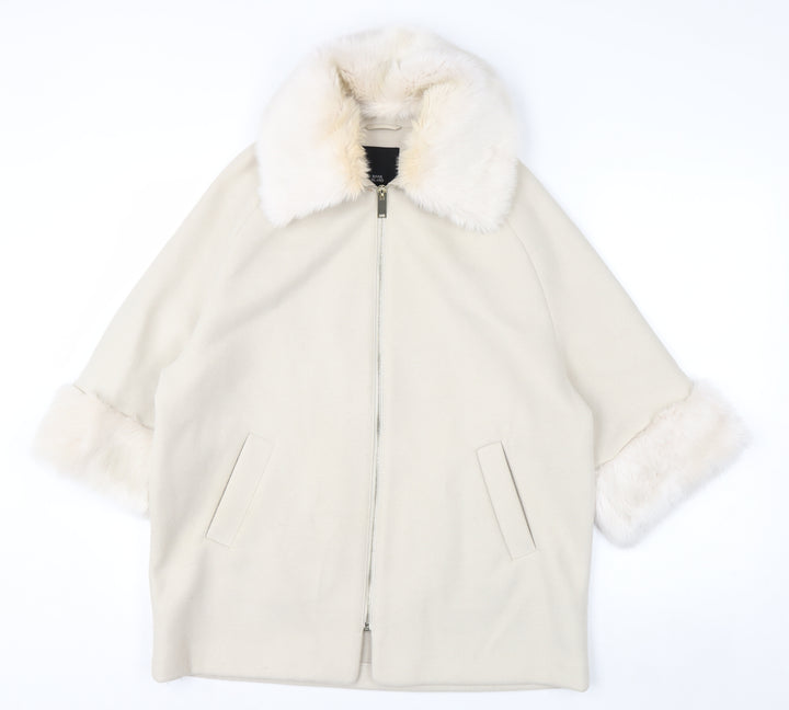 River Island Women Ivory Faux Fur Trim Mid-Length Coat Size 8