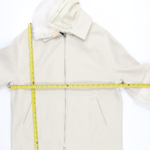River Island Women Ivory Faux Fur Trim Mid-Length Coat Size 8