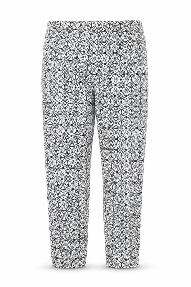 Front view of H&M Women Blue Geometric Print Slim Trousers, size 8
