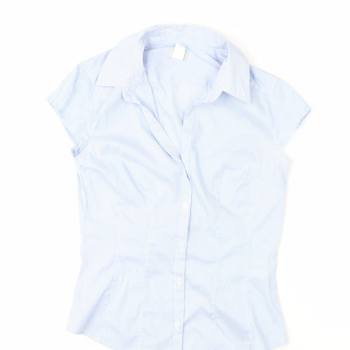 H&M Women Blue Striped Collared Button-Up Short Sleeve Shirt Size 8