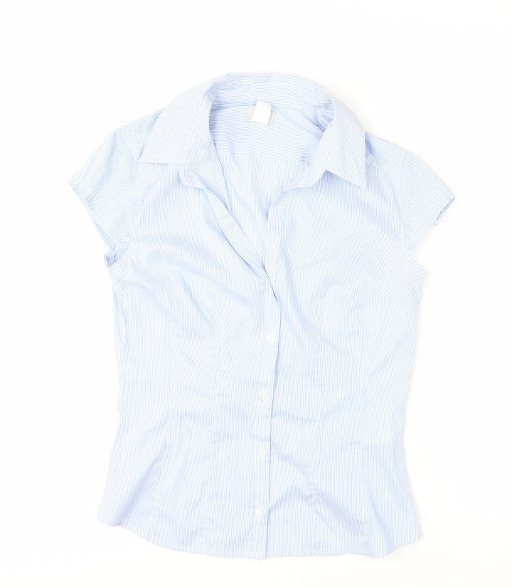 H&M Women Blue Striped Collared Button-Up Short Sleeve Shirt Size 8