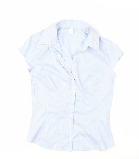 H&M Women Blue Striped Collared Button-Up Short Sleeve Shirt Size 8
