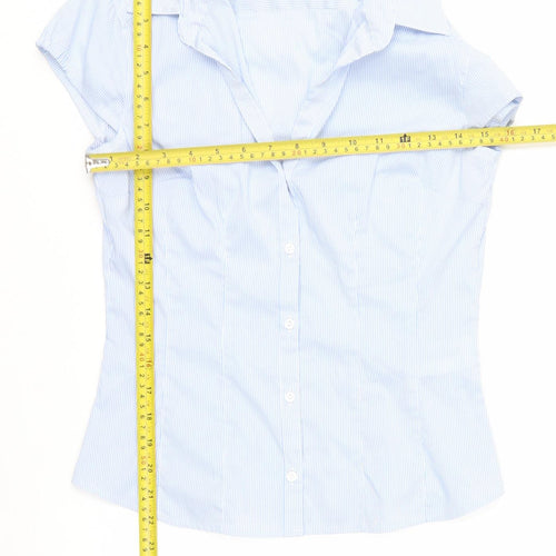 H&M Women Blue Striped Collared Button-Up Short Sleeve Shirt Size 8