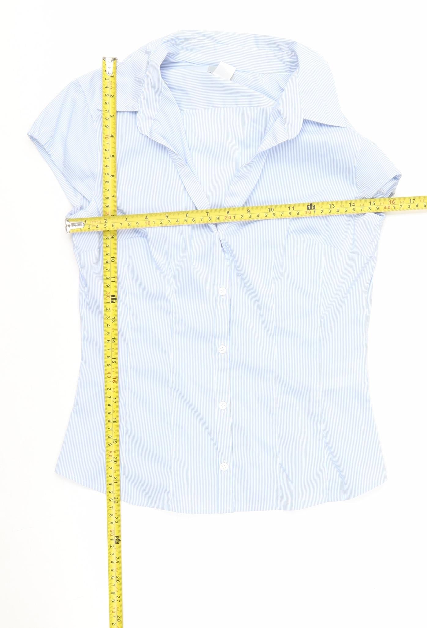 H&M Women Blue Striped Collared Button-Up Short Sleeve Shirt Size 8
