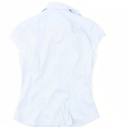 H&M Women Blue Striped Collared Button-Up Short Sleeve Shirt Size 8