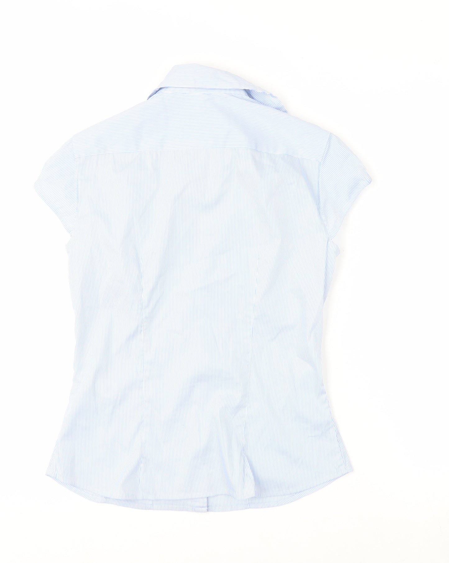 H&M Women Blue Striped Collared Button-Up Short Sleeve Shirt Size 8