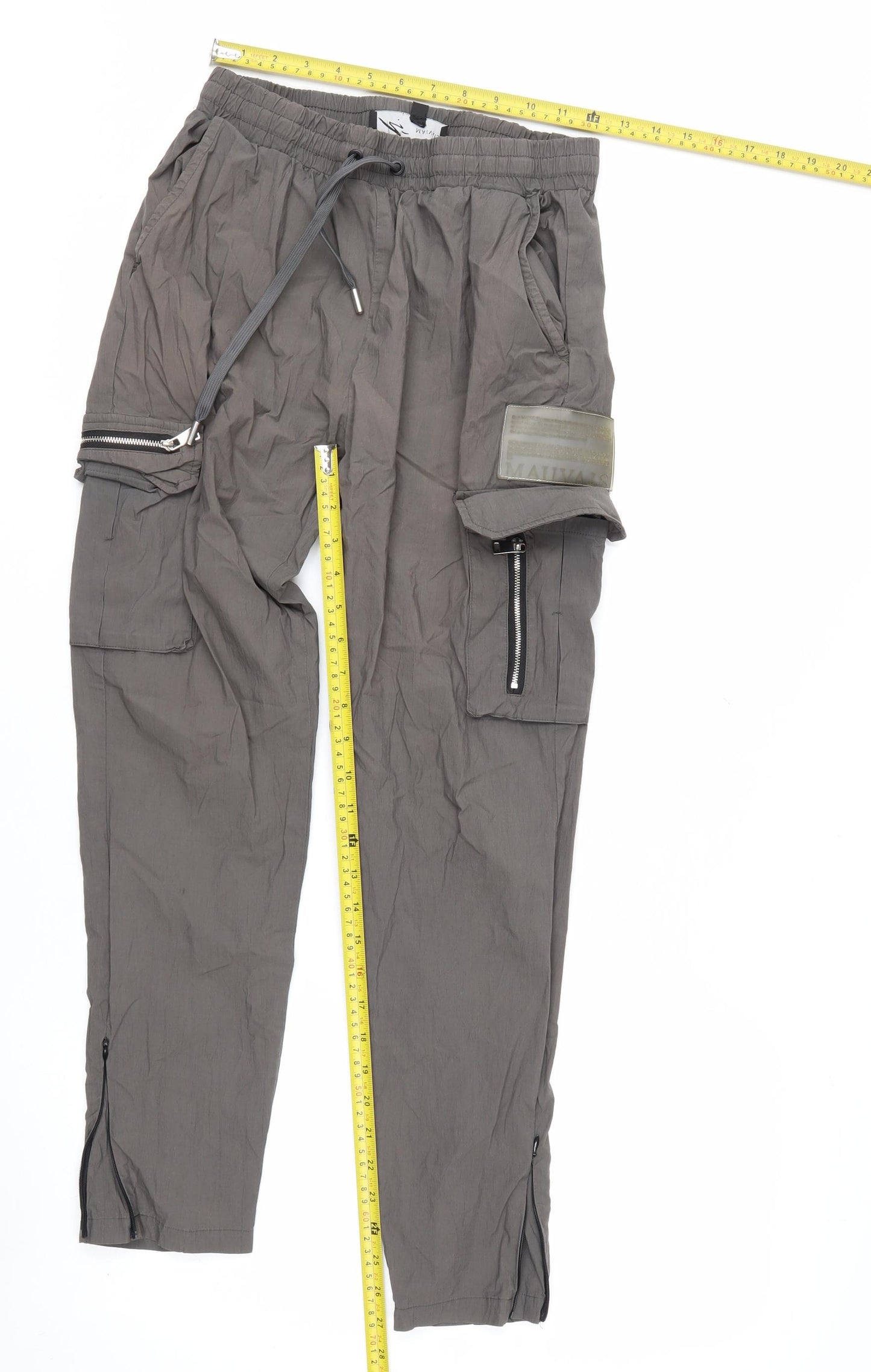 Mauvais Men's Grey Cargo Trousers Size 30 Slim Fit Elastic Waist