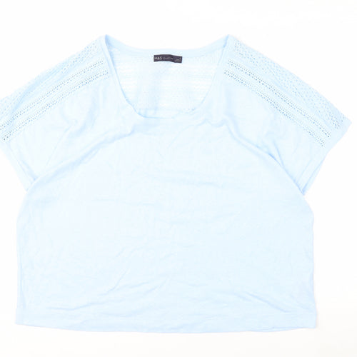 Marks and Spencer Women Blue Linen Blend Crochet Shoulder T-Shirt Size 16