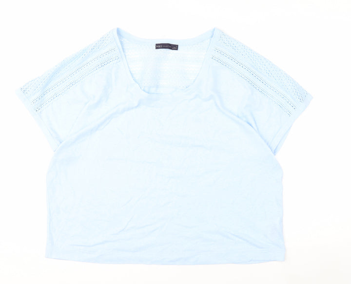 Marks and Spencer Women Blue Linen Blend Crochet Shoulder T-Shirt Size 16