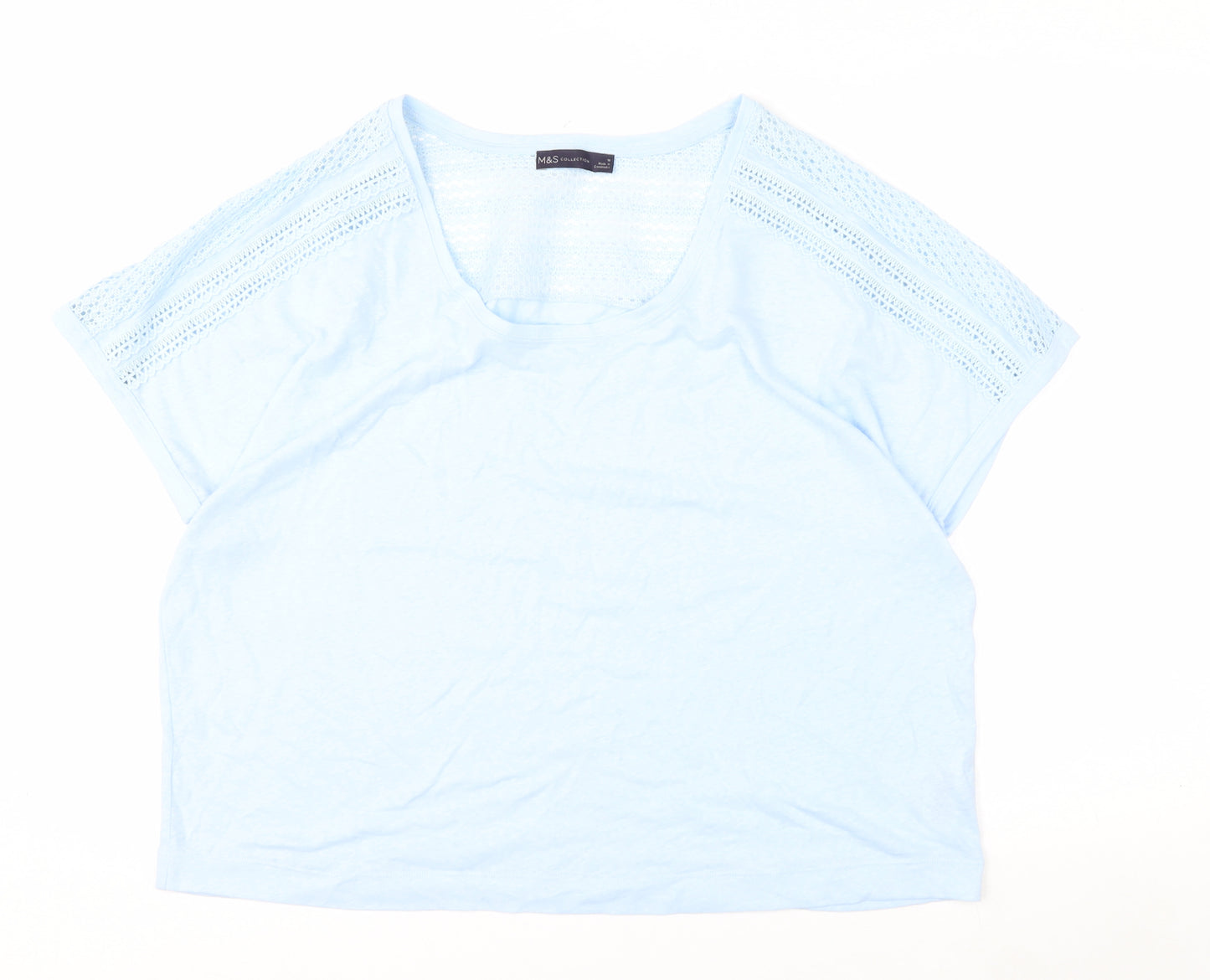 Marks and Spencer Women Blue Linen Blend Crochet Shoulder T-Shirt Size 16