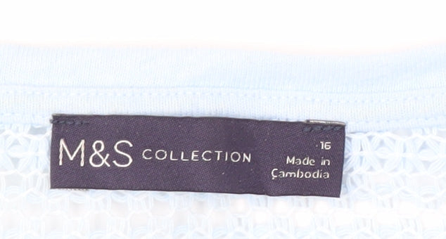 Marks and Spencer Women Blue Linen Blend Crochet Shoulder T-Shirt Size 16