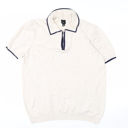 River Island Men's Beige Zip Neck Short Sleeve Polo Shirt XL