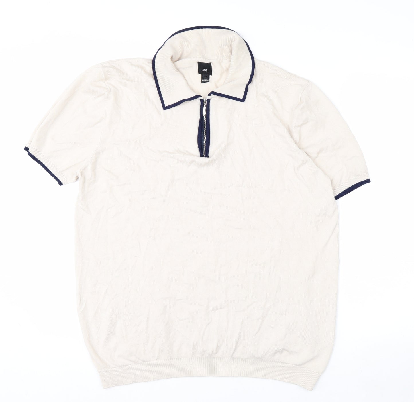 River Island Men's Beige Zip Neck Short Sleeve Polo Shirt XL