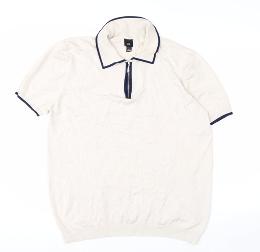 River Island Men's Beige Zip Neck Short Sleeve Polo Shirt XL