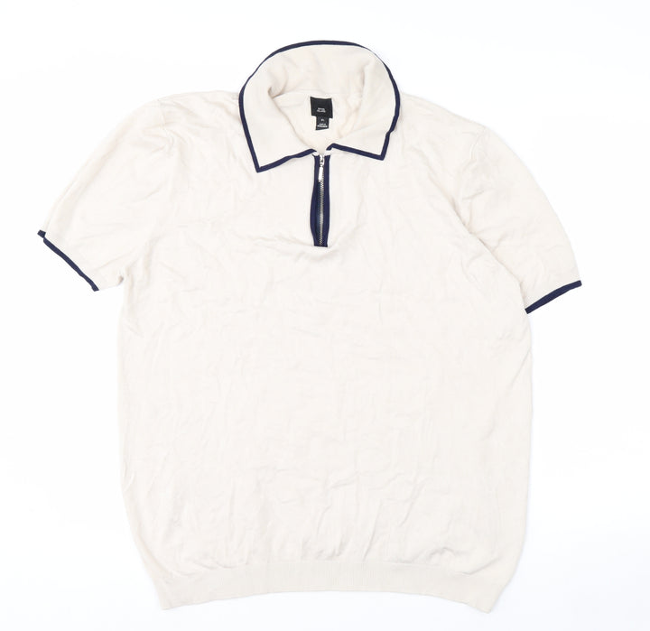 River Island Men's Beige Zip Neck Short Sleeve Polo Shirt XL
