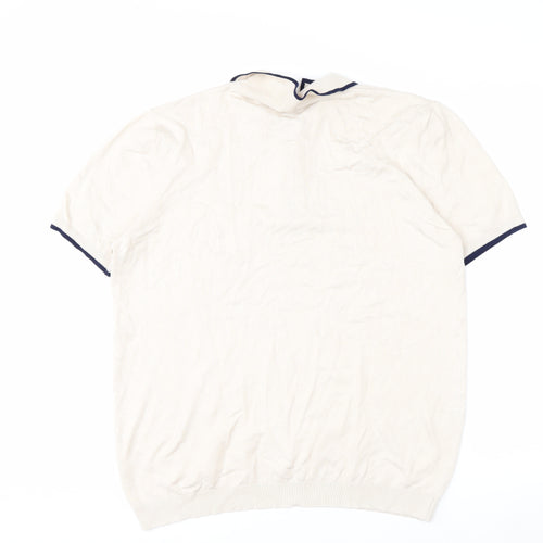 River Island Men's Beige Zip Neck Short Sleeve Polo Shirt XL