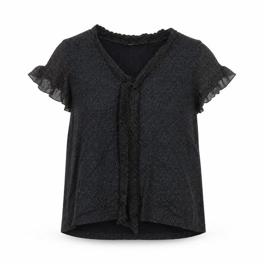 Front view of Marks & Spencer women’s black polka dot viscose blouse uk 16 wrap style