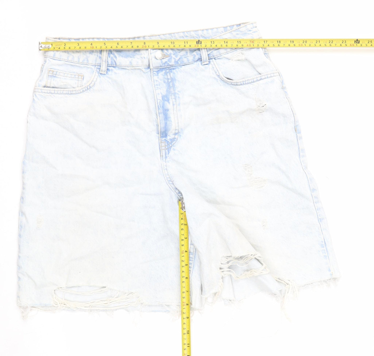 Primark Women Blue Size 16 Bermuda Denim Shorts Distressed Frayed