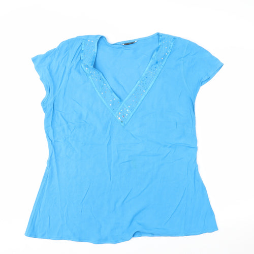 Evans Women Blue Sequin V-Neck Short Sleeve Viscose Tunic Top Size 16
