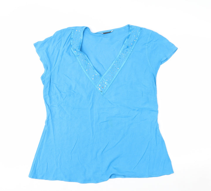 Evans Women Blue Sequin V-Neck Short Sleeve Viscose Tunic Top Size 16