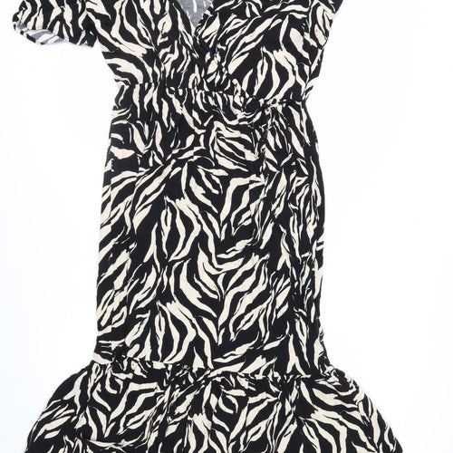 New Look Women’s Black Animal Print Midi Wrap Dress Size 14