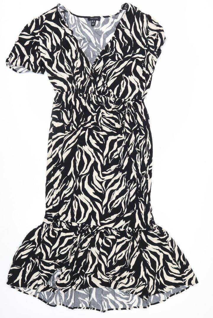 New Look Women’s Black Animal Print Midi Wrap Dress Size 14