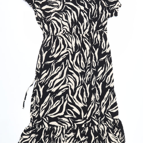 New Look Women’s Black Animal Print Midi Wrap Dress Size 14