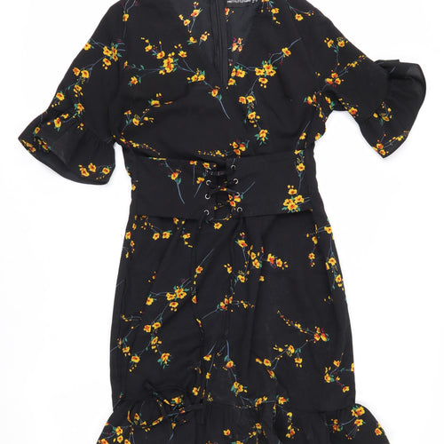 PrettyLittleThing Women's Black Floral Wrap Dress Size 8