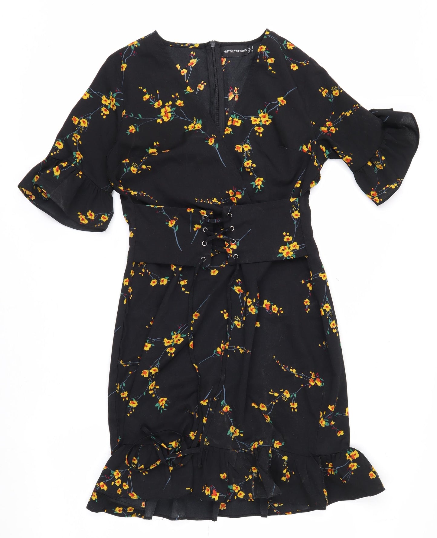PrettyLittleThing Women's Black Floral Wrap Dress Size 8