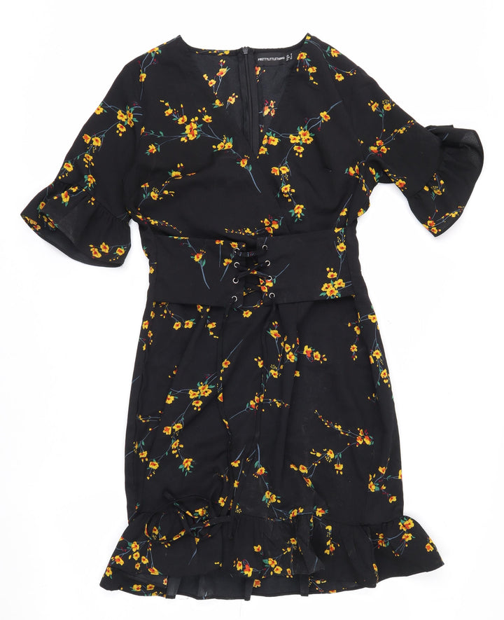 PrettyLittleThing Women's Black Floral Wrap Dress Size 8