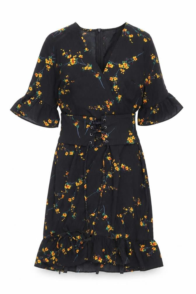 Front view of PRETTYLITTLETHING Women's Black Floral Wrap Dress, size 8