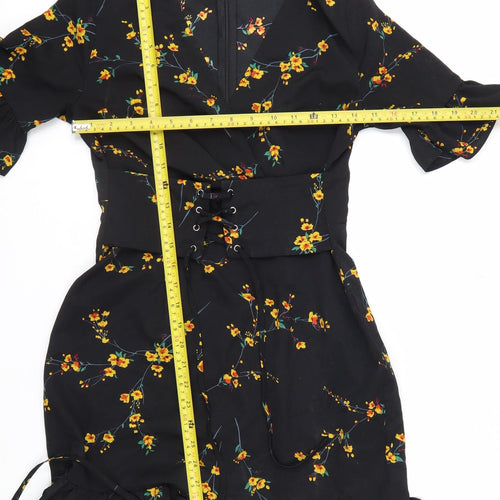 PrettyLittleThing Women's Black Floral Wrap Dress Size 8