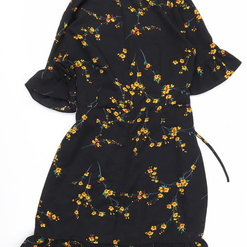 PrettyLittleThing Women's Black Floral Wrap Dress Size 8